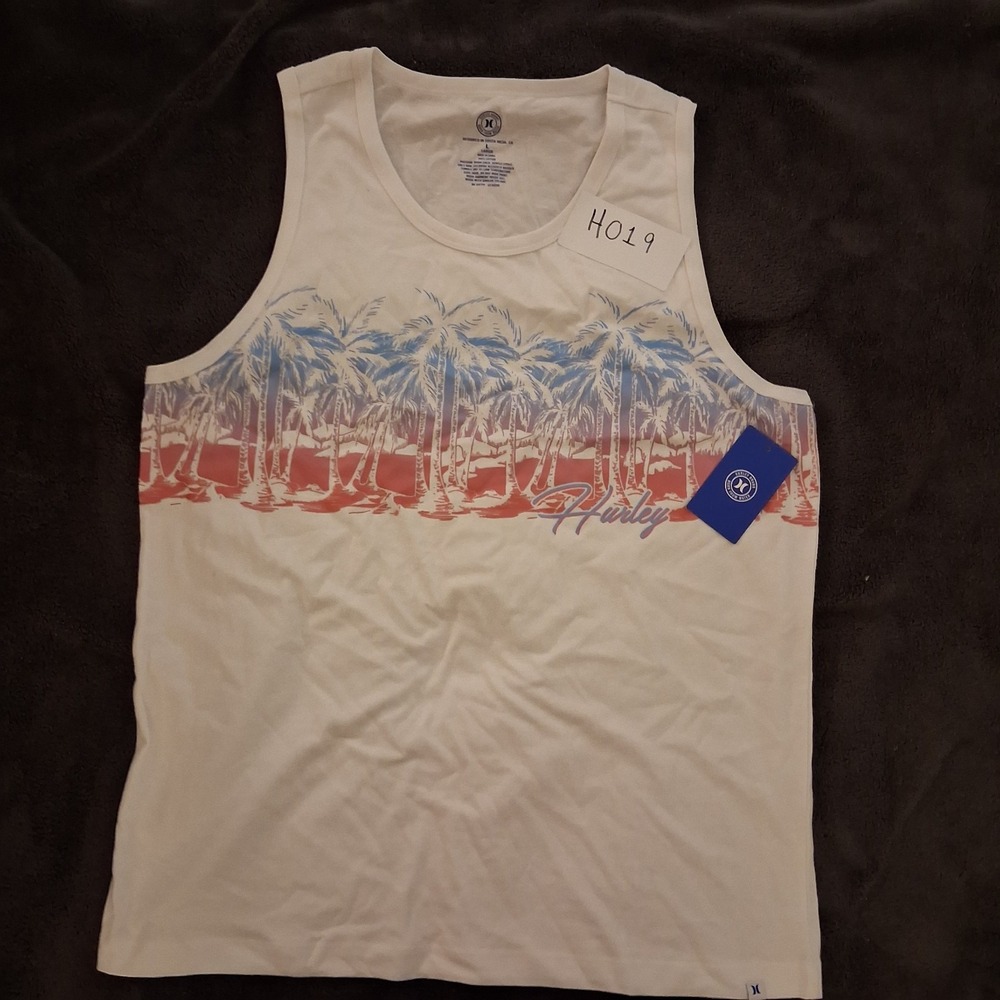 Hurley Lagoon Graphic Tank Top Mens L White Palm Tree Beach Surf Sleeveless NWT